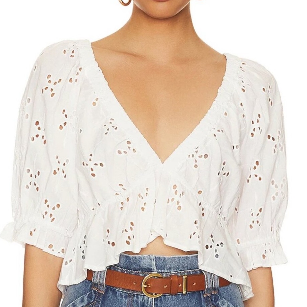 Free People White Ruffled Crop Blouse - Picture 1 of 7